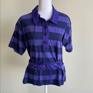 Striped Purple and Navy Polo Top with Waist Tie